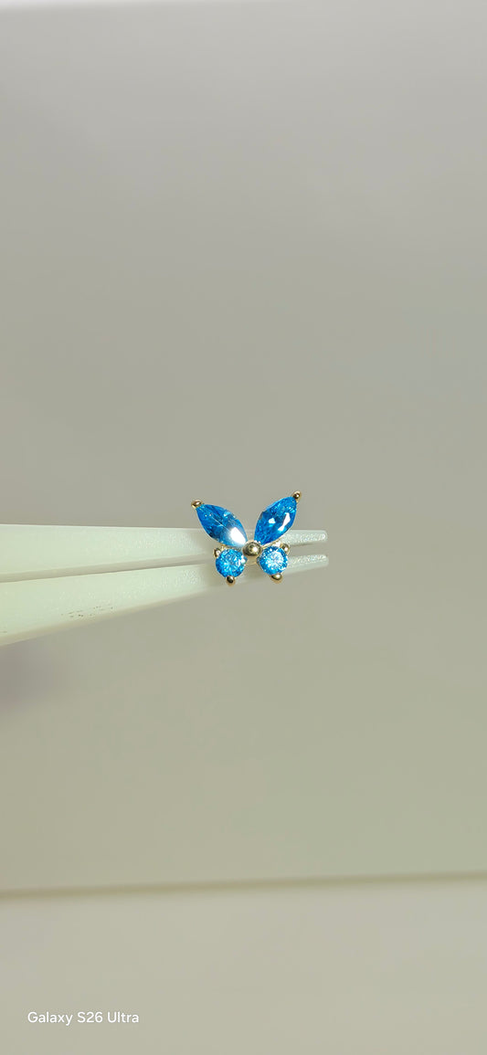 Mariposa zirconia azul de oro sólido 14k