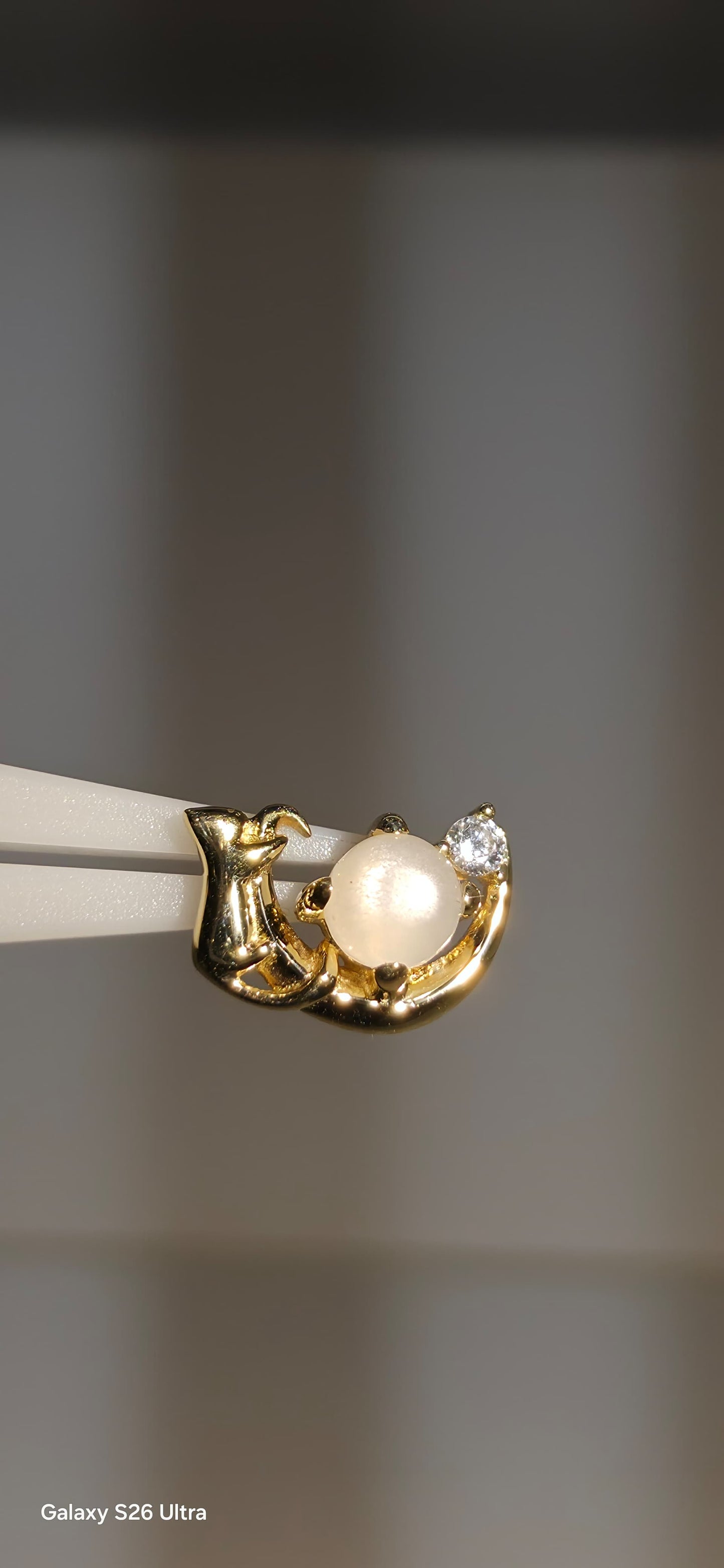 Gato en media luna con piedra luna en oro solido de 14k